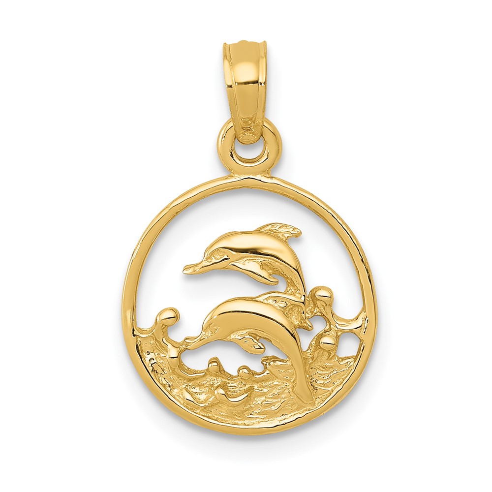 10k Yellow Gold Double Mini Small Dolphin Nautical Circle Necklace Charm Pendant